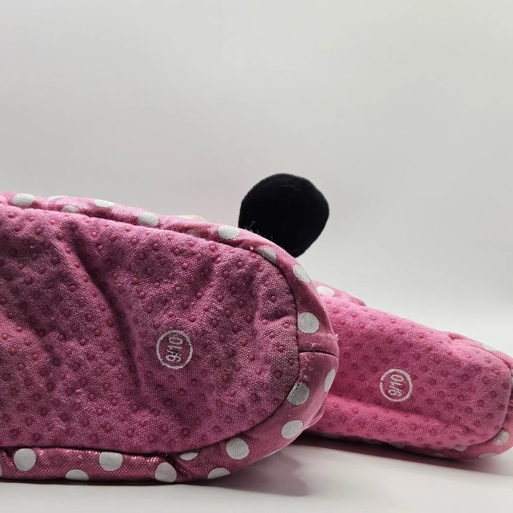 Kids Minnie Mouse Slippers sock top Pink White Polka Dot Bow‎ Plush Cozy Sz 9/10